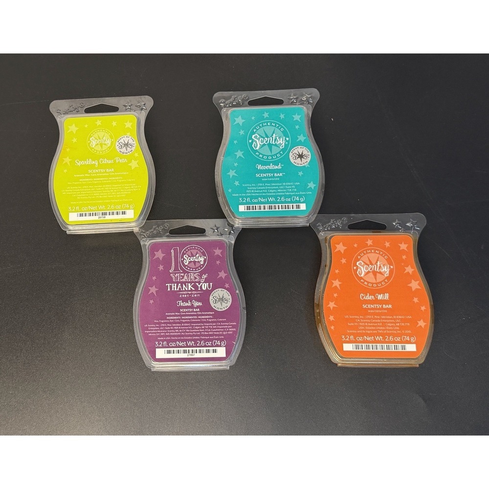 New Scentsy Wax Bars Set of 4 - Incl Disc 10th Anniv, Neverland, Sp Citrus Pear